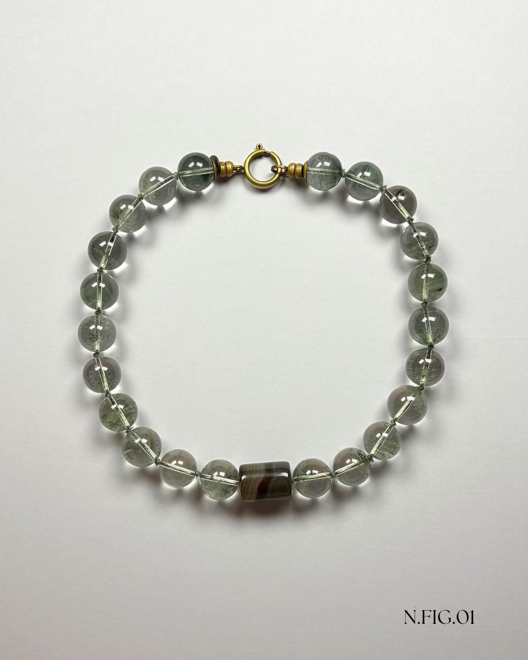 16-inch necklace featuring phantom green quartz and grey lace agate beads, strung together on silk.