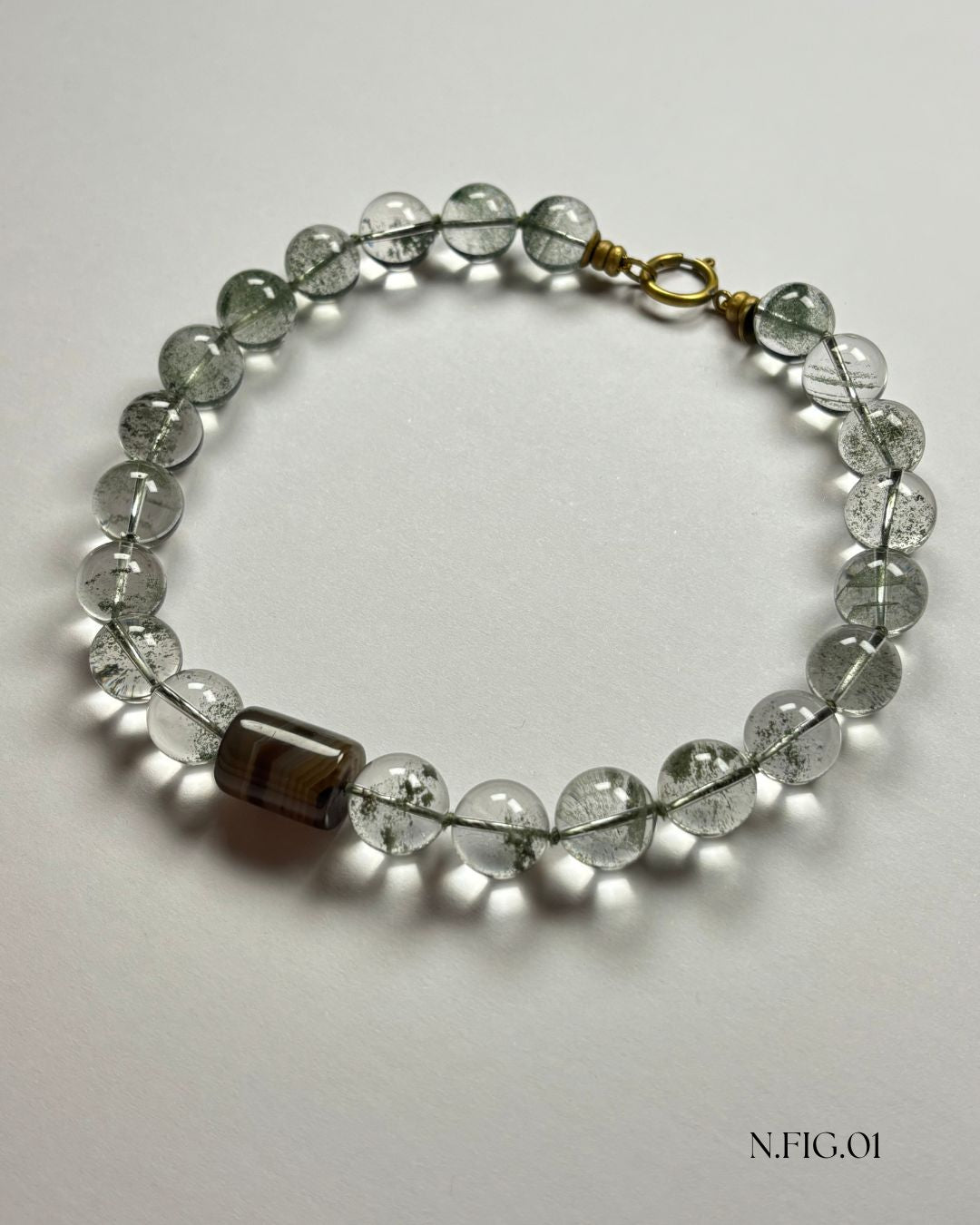 16-inch necklace featuring phantom green quartz and grey lace agate beads, strung together on silk.